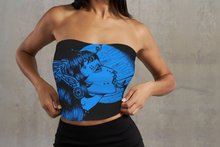Load image into Gallery viewer, Person wearing a strapless tubetop bandeau top with blue graphic design against a neutral background