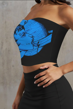 Load image into Gallery viewer, Black tubetop bandeau with blue graphic design worn by a person against a neutral background