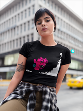 Load image into Gallery viewer, Unisex black cropped t-shirt featuring bold pink lady with the striking black afro