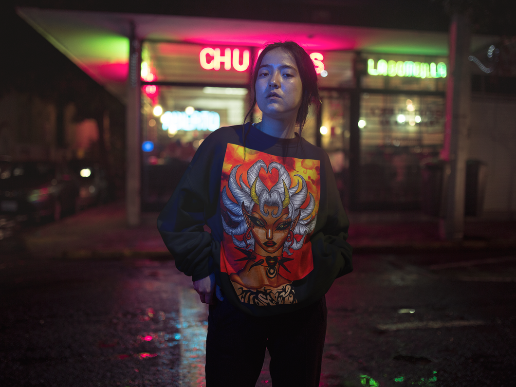 Black Unisex Heavy Blend Crewneck Sweatshirt featuring the character 'Baddie' standing in front of a Blood Moon