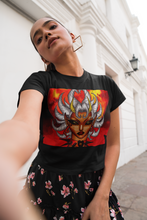 Load image into Gallery viewer, Badass unisex black cropped t-shirt featuring the character &#39;Baddie&#39; Badass unisex black cropped t-shirt featuring the character &#39;Baddie&#39; standing in front of a Blood Moon