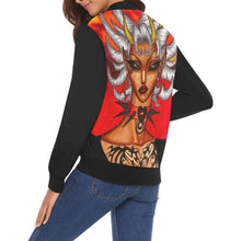 Load image into Gallery viewer, Unisex Bomber Jacket featuring the character &#39;Baddie&#39; standing in front of a blood moon. Graphic printed on back-side. Solid black on the front-side