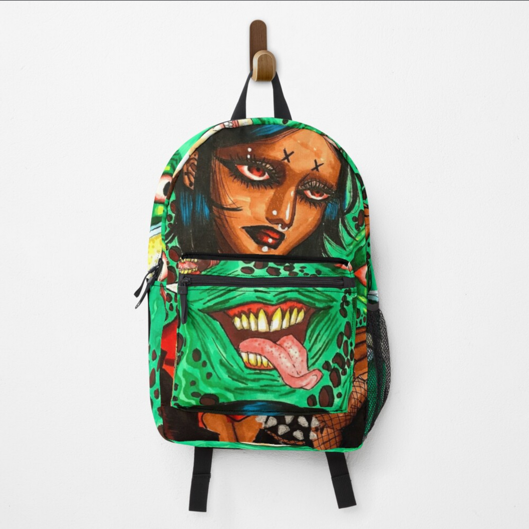 Edgy All-Over-Print Graphic Backpack, tongue out
