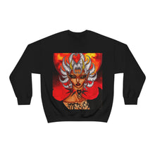 Load image into Gallery viewer, Black Unisex Heavy Blend Crewneck Sweatshirt featuring the character &#39;Baddie&#39; standing in front of a Blood Moon